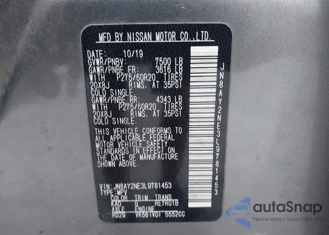 2020 Nissan Armada Platinum 4Wd z USA, uszkodzony, nr VIN JN8AY2NE3L9781453